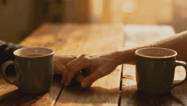 커피를 마시며 손을 잡고 있는 두 사람