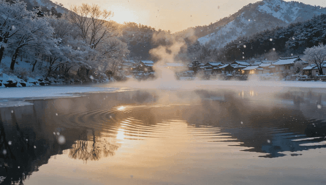 Tranquil lake and snow-covered Hanok landscape