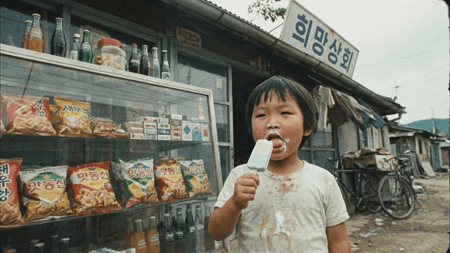 Child eating ice cream in front of neighborhood store