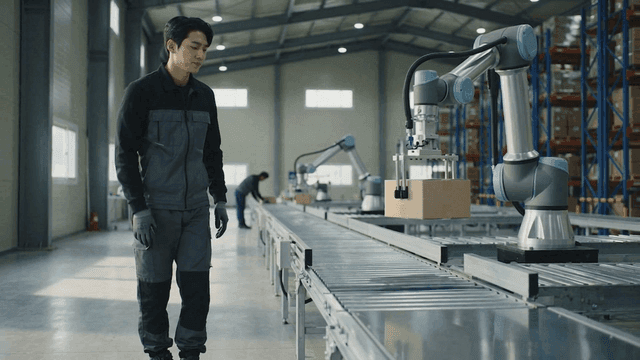 Worker managing robot arm in factory