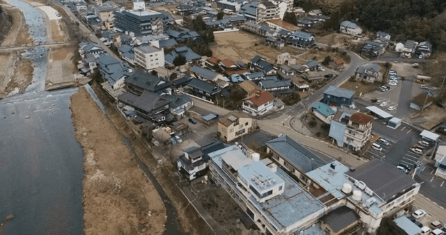 Aerial view of a riverside town