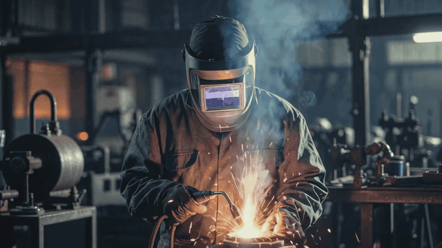 Worker performing welding work in factory