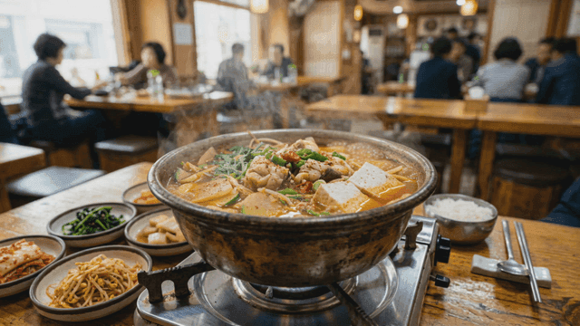 Soybean paste stew boiling in restaurant
