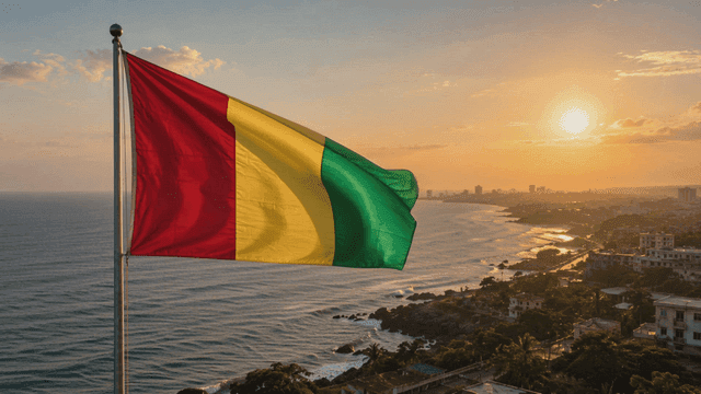 Guinean flag fluttering on beach at sunset