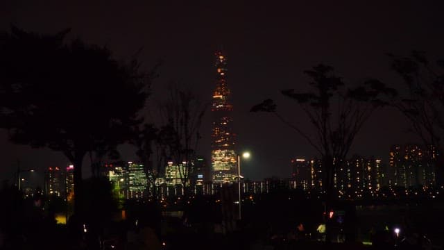 조명이 켜진 고층 건물과 함께 보는 밤 도시 풍경