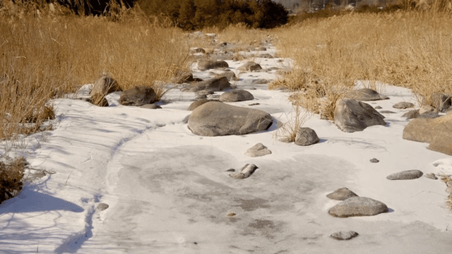 Snow-covered rocky landscape in winter