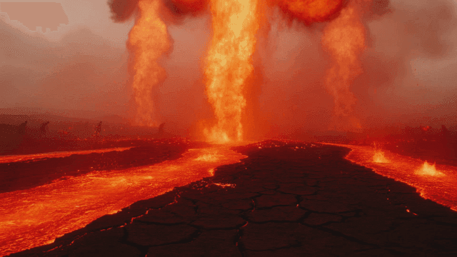 Flowing lava and erupting flames
