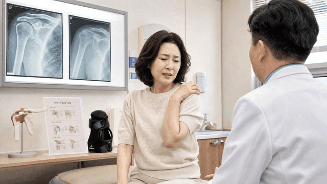 Back view of doctor examining middle-aged woman experiencing shoulder pain