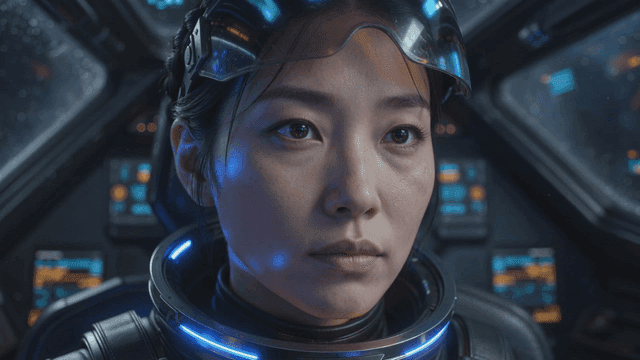 Astronaut in cockpit of future spaceship