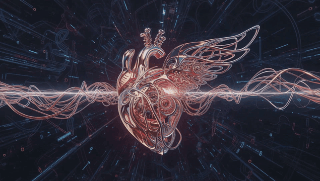 Intricate mechanical heart with wings