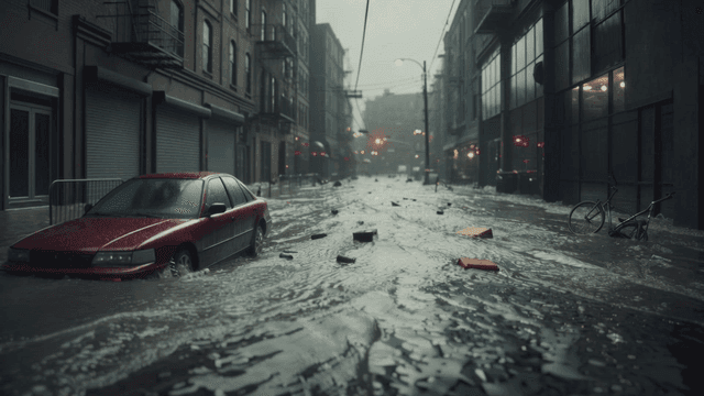 Flooded city street with abandoned car