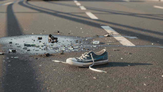 도로 위에 놓인 신발과 깨진 유리들