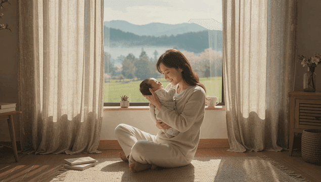 멀리 숲과 산이 보이는 창가에서 갓난 아이를 안고 있는 엄마