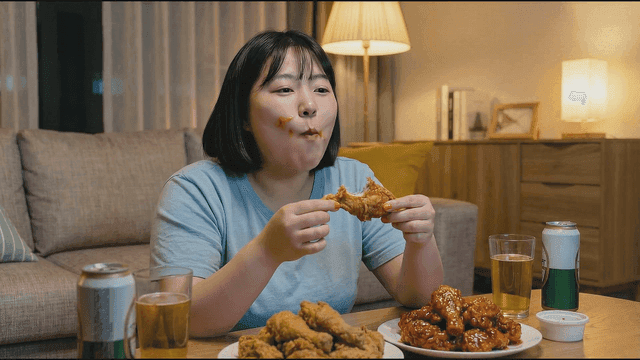 Fat woman eating chicken and beer at home