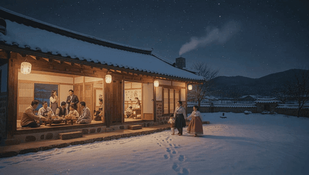 Family gathering in a snowy traditional house