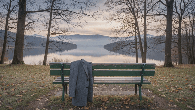 Empty bench facing quiet lakeside landscape