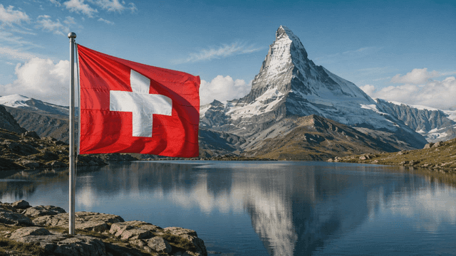 Snowy mountain where Swiss flag is waving