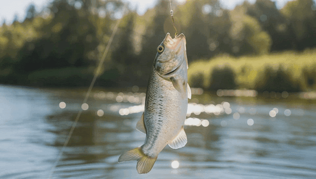 Fish caught on bait in river