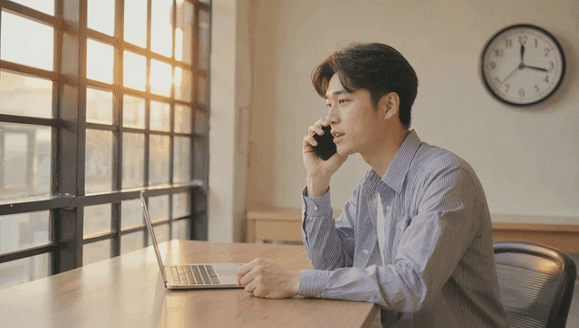 Young man talking on the phone at a desk with a laptop