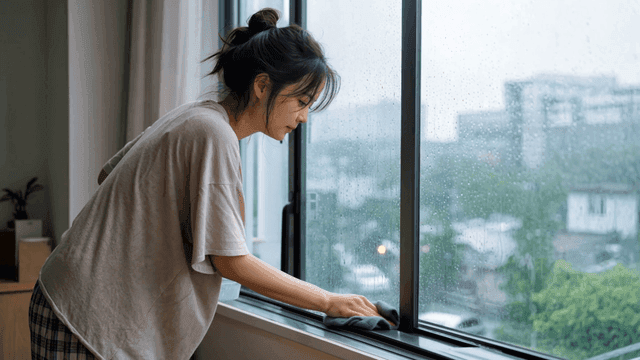 Woman wiping water off window sill on rainy day