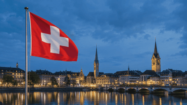 Night view of city with Swiss flag