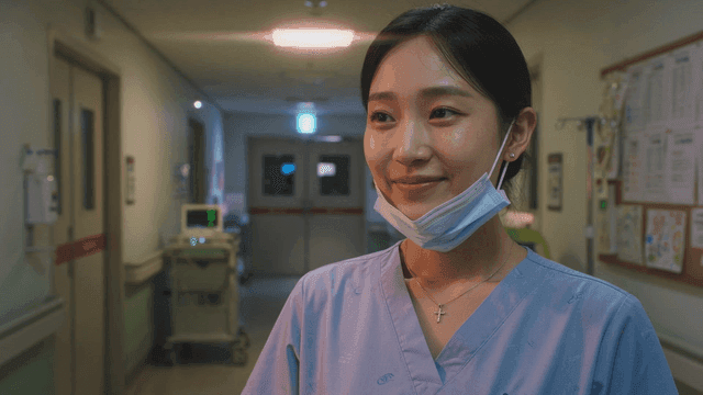 Smiling nurse in night hospital hallway