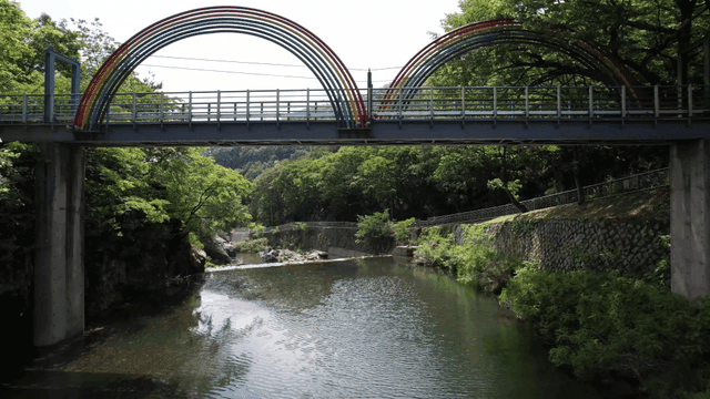 숲 속의 고요한 강 위의 다리
