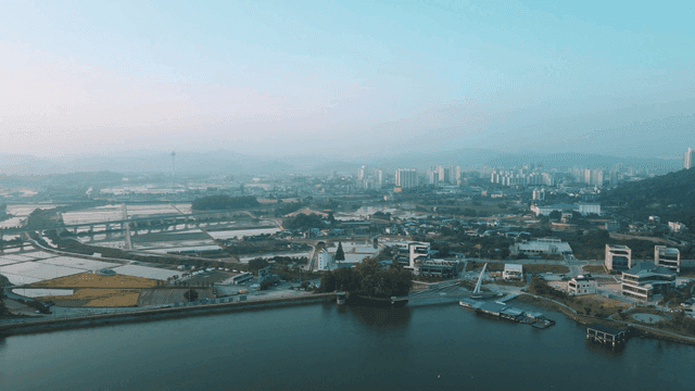 Cityscape with rivers and fields