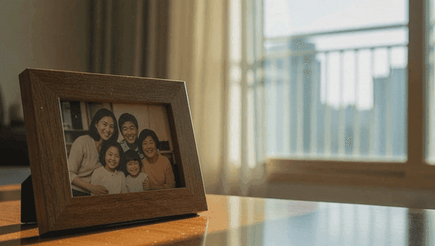 햇살이 비치는 테이블 위 가족 사진