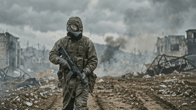 Soldier wearing gas mask walking through ruins