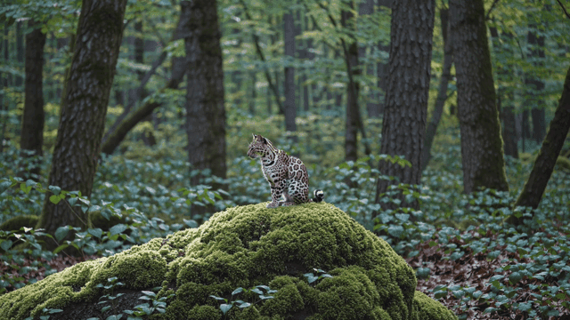 Leopard sitting on moss-covered rock in forest