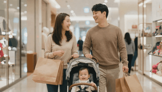 Happy family with baby shopping at mall