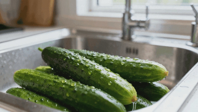 싱크대에 물방울이 맺힌 신선한 오이