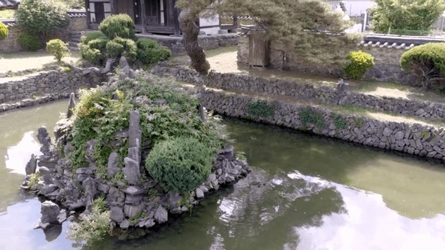 Traditional Korean house with a pond