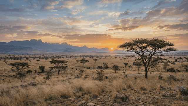 Sunset rising over vast savanna landscape