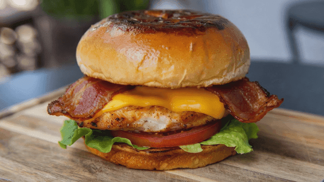 Delicious burger with bacon and cheese.