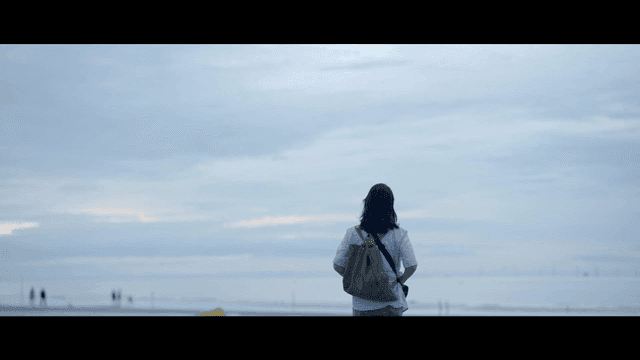 Back view of woman with backpack standing on quiet beach