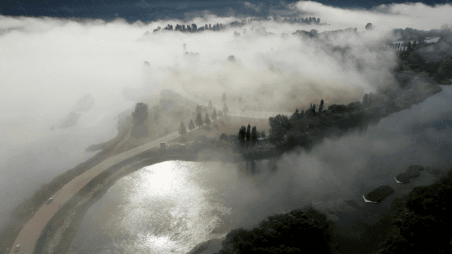 Foggy park and river