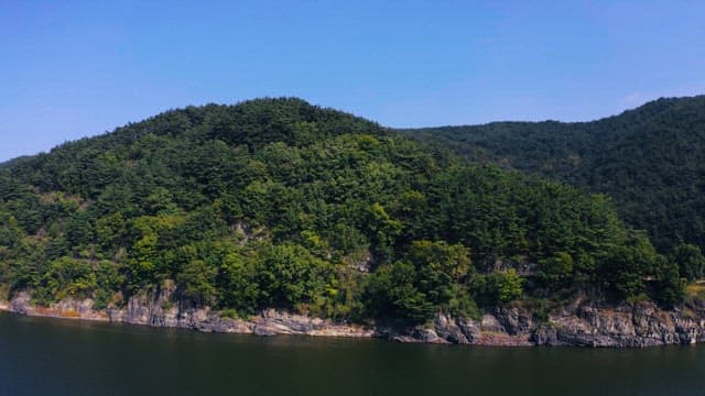 맑은 하늘 아래 고요한 강의 울창한 초록산