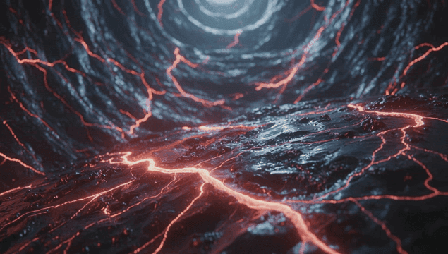 어두운 지하 속 빛나는 용암 흐름