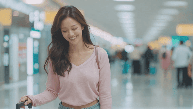 공항에서 미소 짓는 여성
