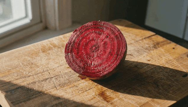 나무 도마 위의 비트 반쪽