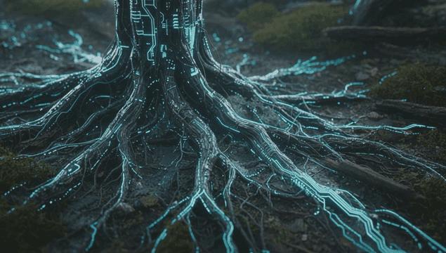 Tree roots with glowing digital patterns