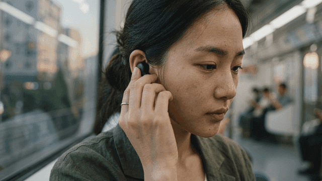 Woman listening to music with wireless earphones on subway