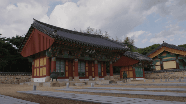 Traditional Korean house under cloudy sky