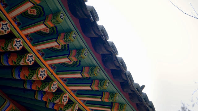 Traditional Korean roof with colorful patterns