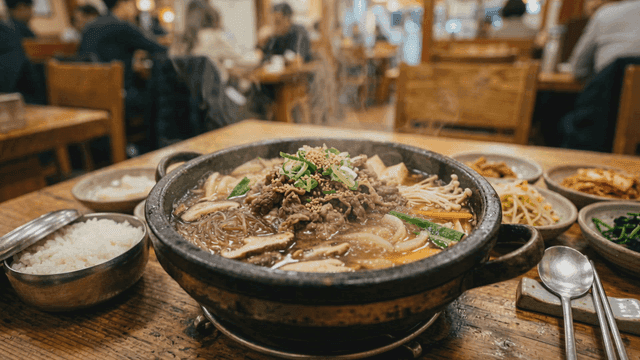 Beef bulgogi hot pot with side dishes at restaurant