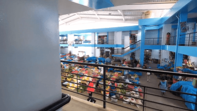 다양한 색상의 농산물이 있는 실내 시장