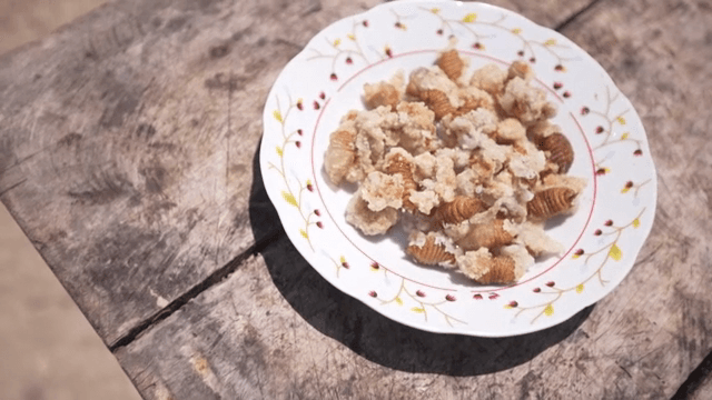 나무 테이블 위에 놓인 애벌레 탕수육