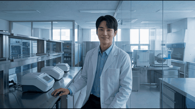Scientist smiling leisurely in modern laboratory